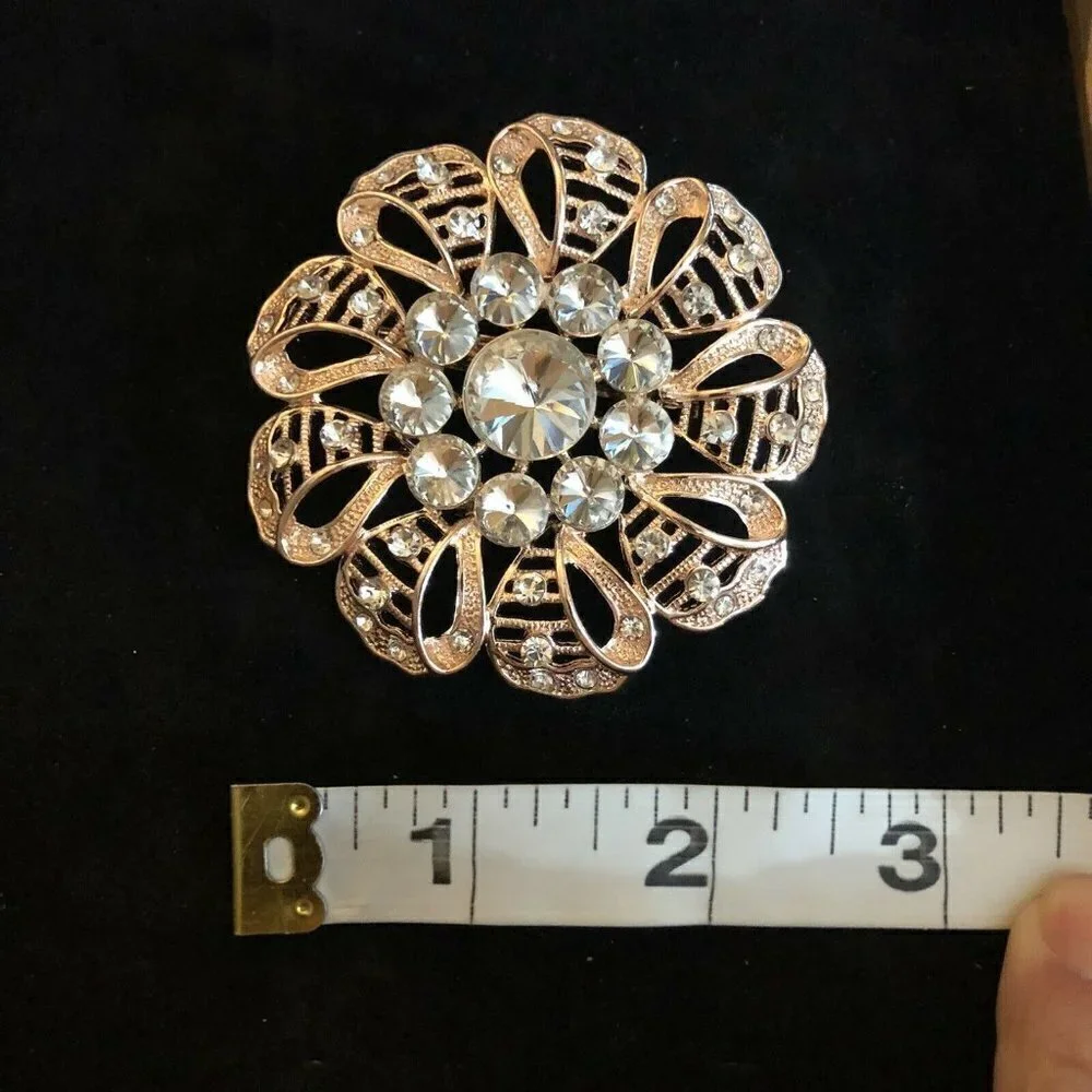 Vintage Style Brooch Antiqued Gold Tone Big Round Crystals